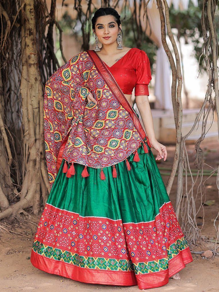 Navratri Wear Green Patola Silk Digital Printed Lehenga Choli