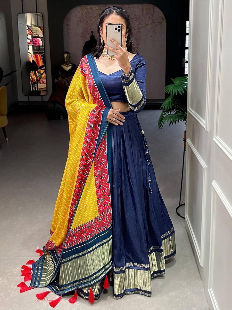 Navratri Wear Navy Blue Gaji Silk Digital Printed Lehenga Choli