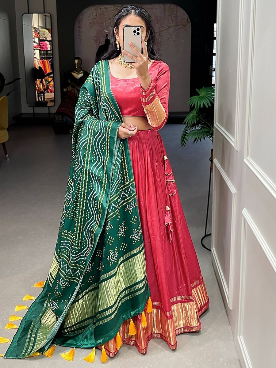 Navratri Wear Coral Red Gaji Silk Digital Printed Lehenga Choli