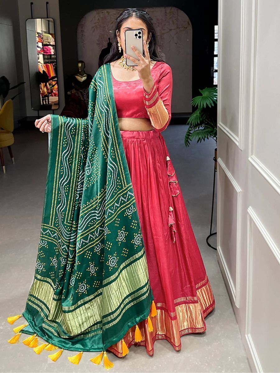 Navratri Wear Coral Red Gaji Silk Digital Printed Lehenga Choli