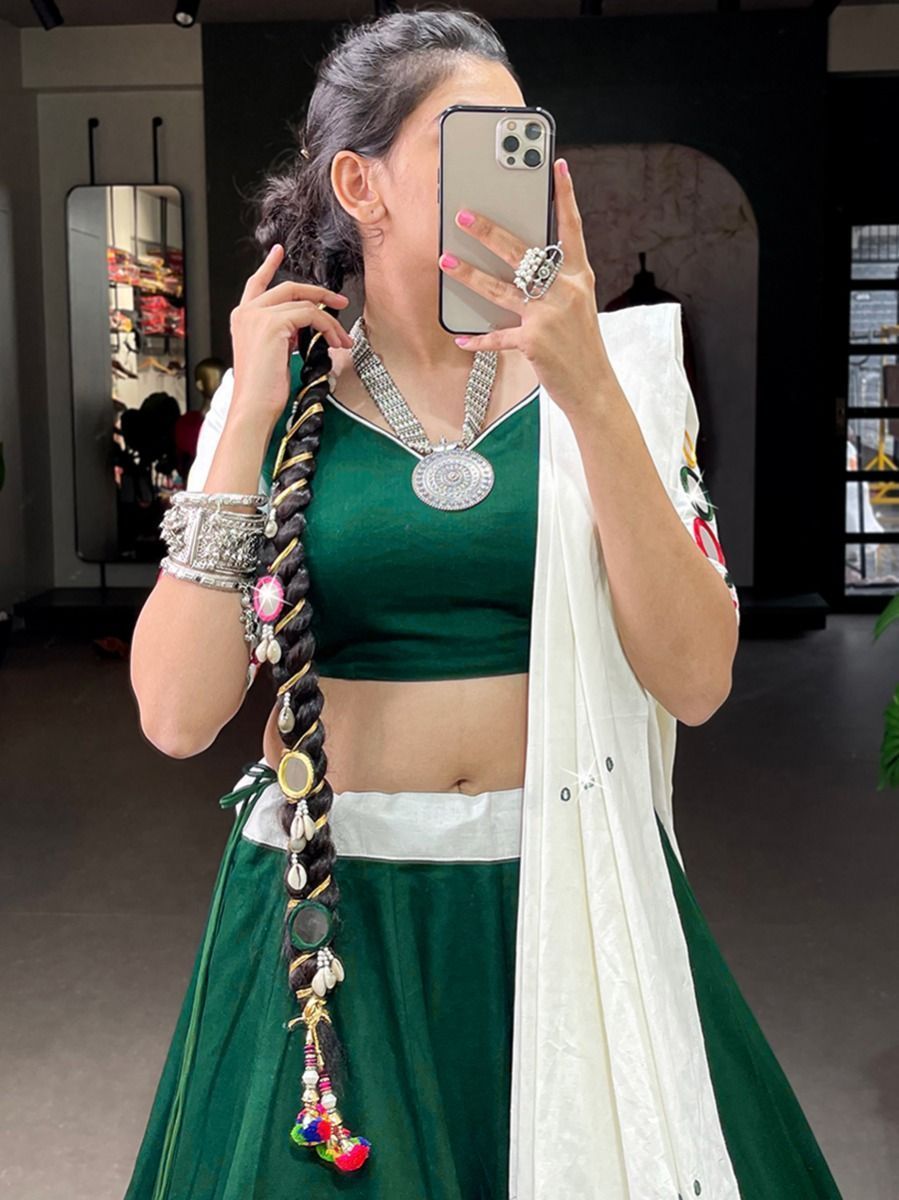 White & Green Navratri Special Mirror Work Cotton Lehenga Choli