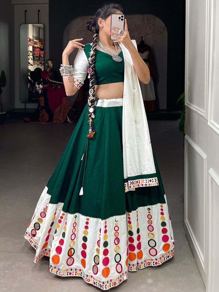 White & Green Navratri Special Mirror Work Cotton Lehenga Choli