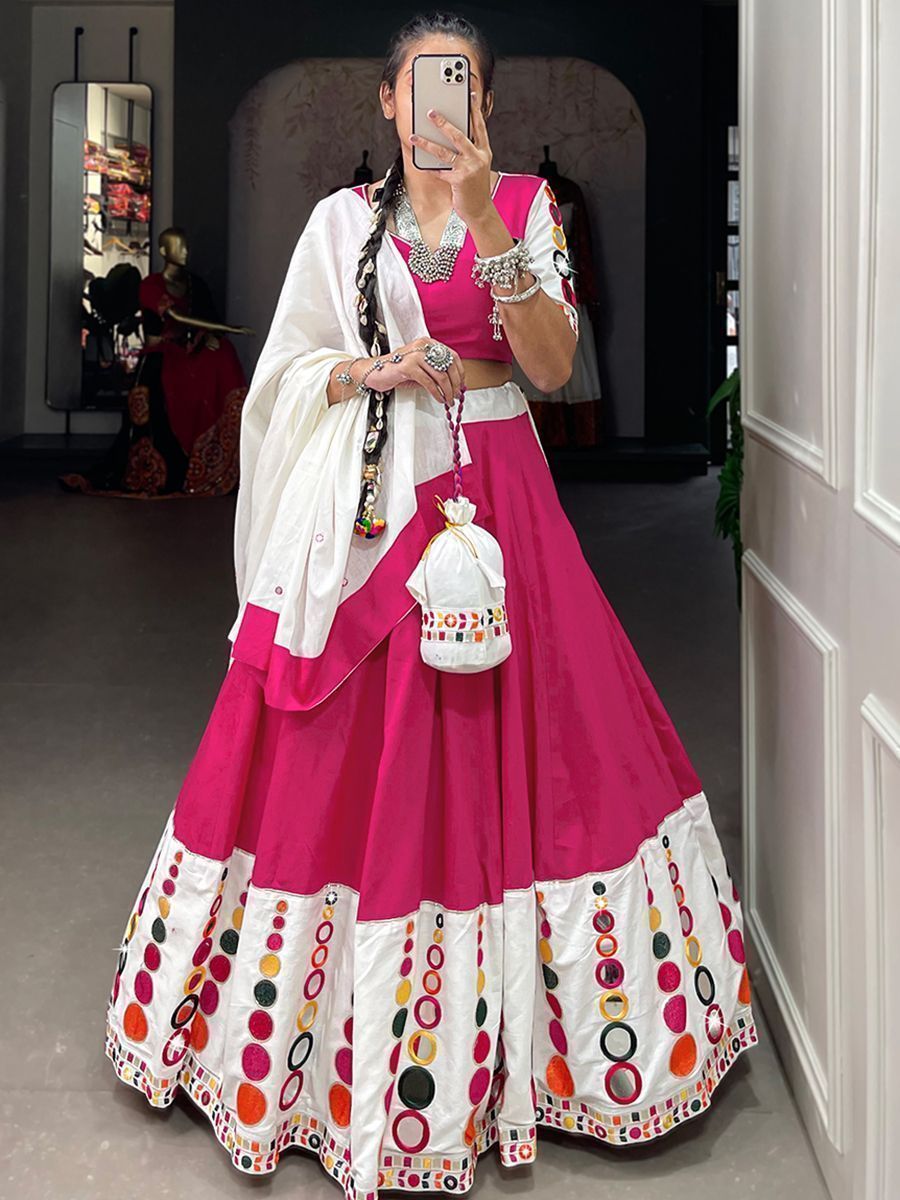 White & Pink Navratri Special Mirror Work Cotton Lehenga Choli