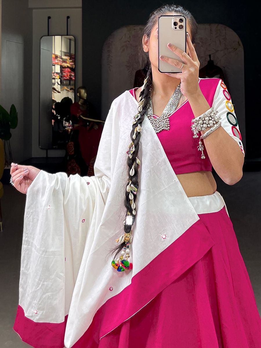 White & Pink Navratri Special Mirror Work Cotton Lehenga Choli