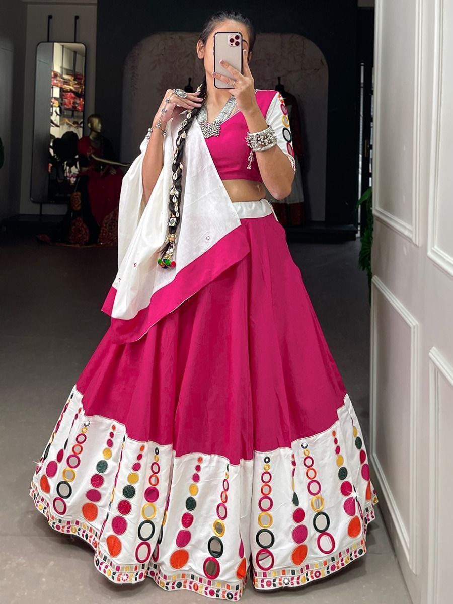 White & Pink Navratri Special Mirror Work Cotton Lehenga Choli