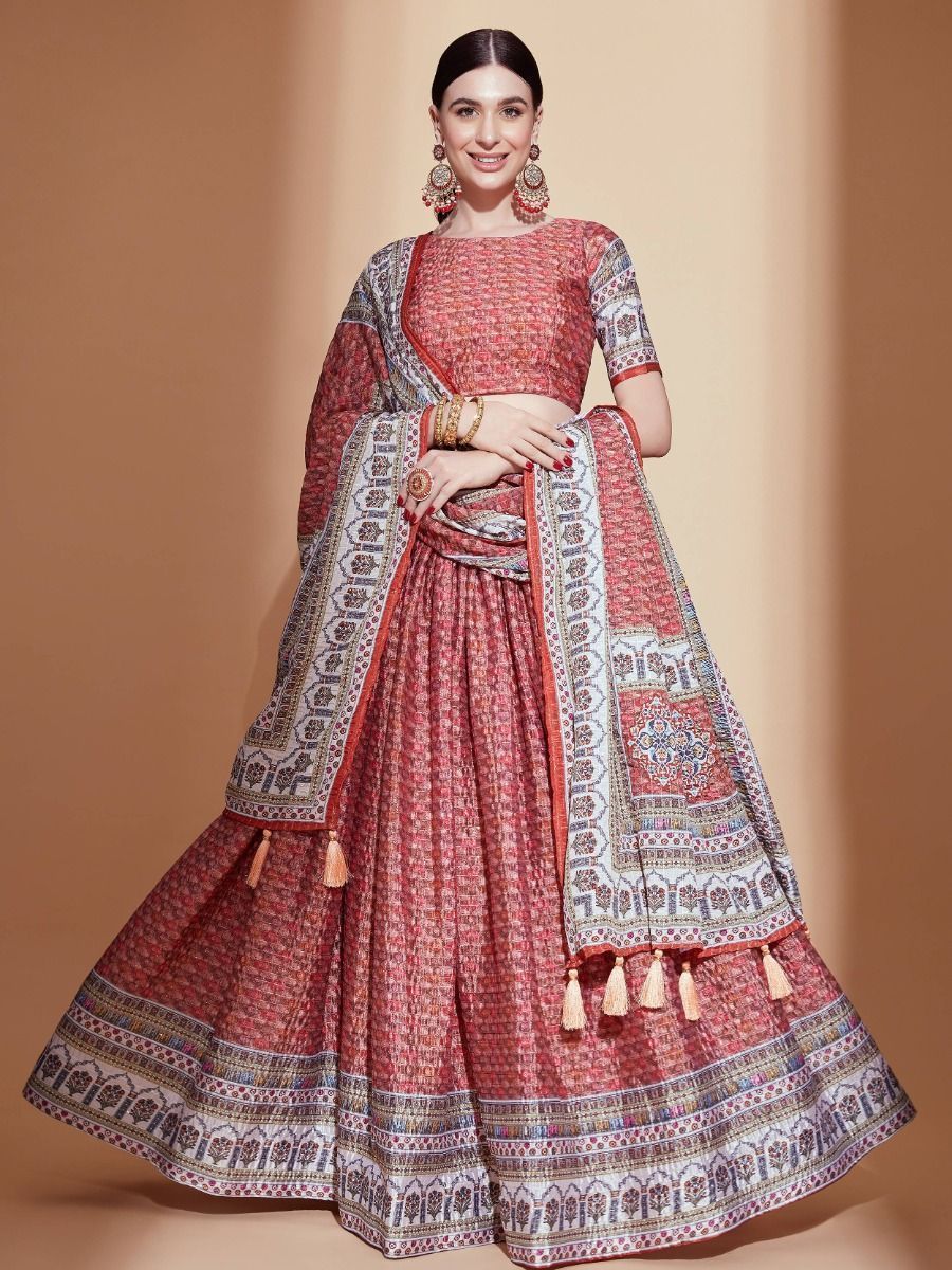 Navratri Wear Peach Silk Digital Printed Lehenga Choli