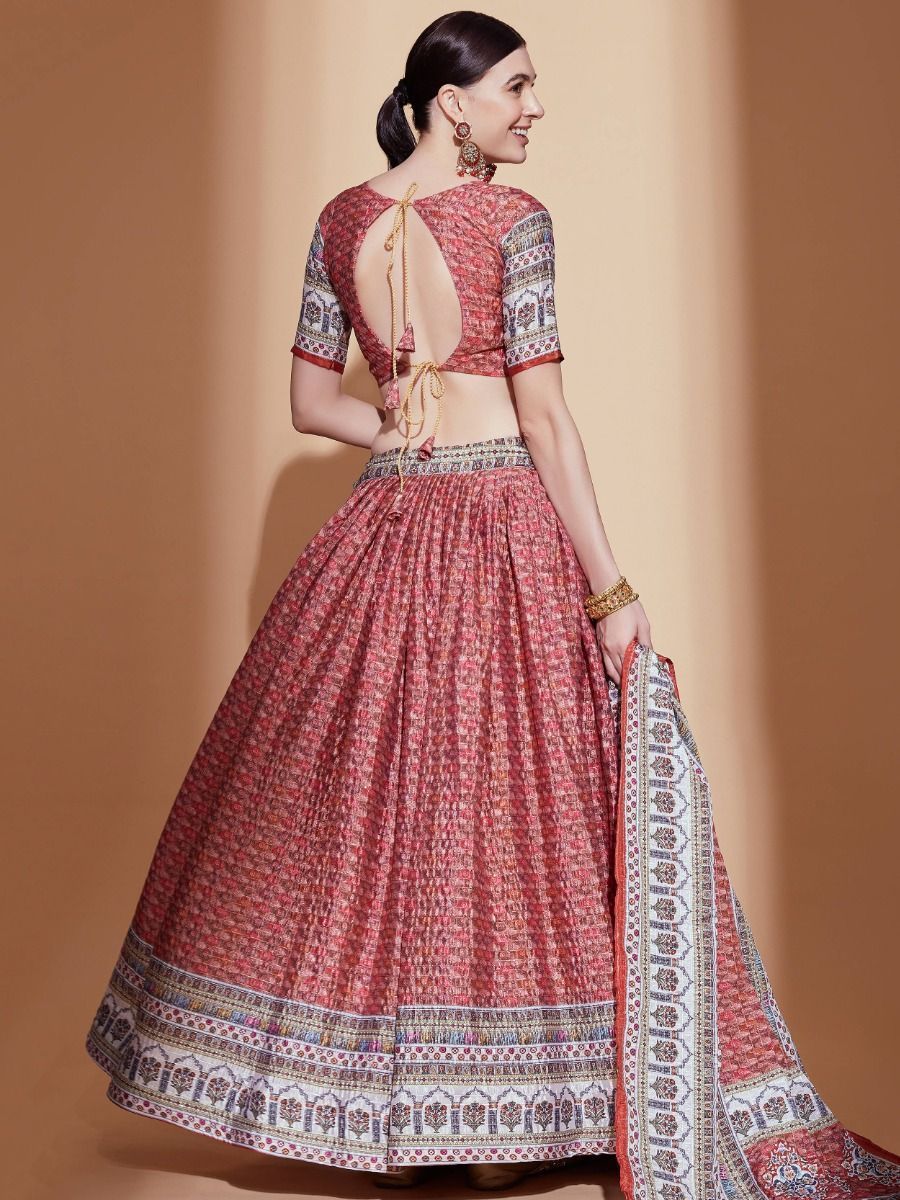 Navratri Wear Peach Silk Digital Printed Lehenga Choli