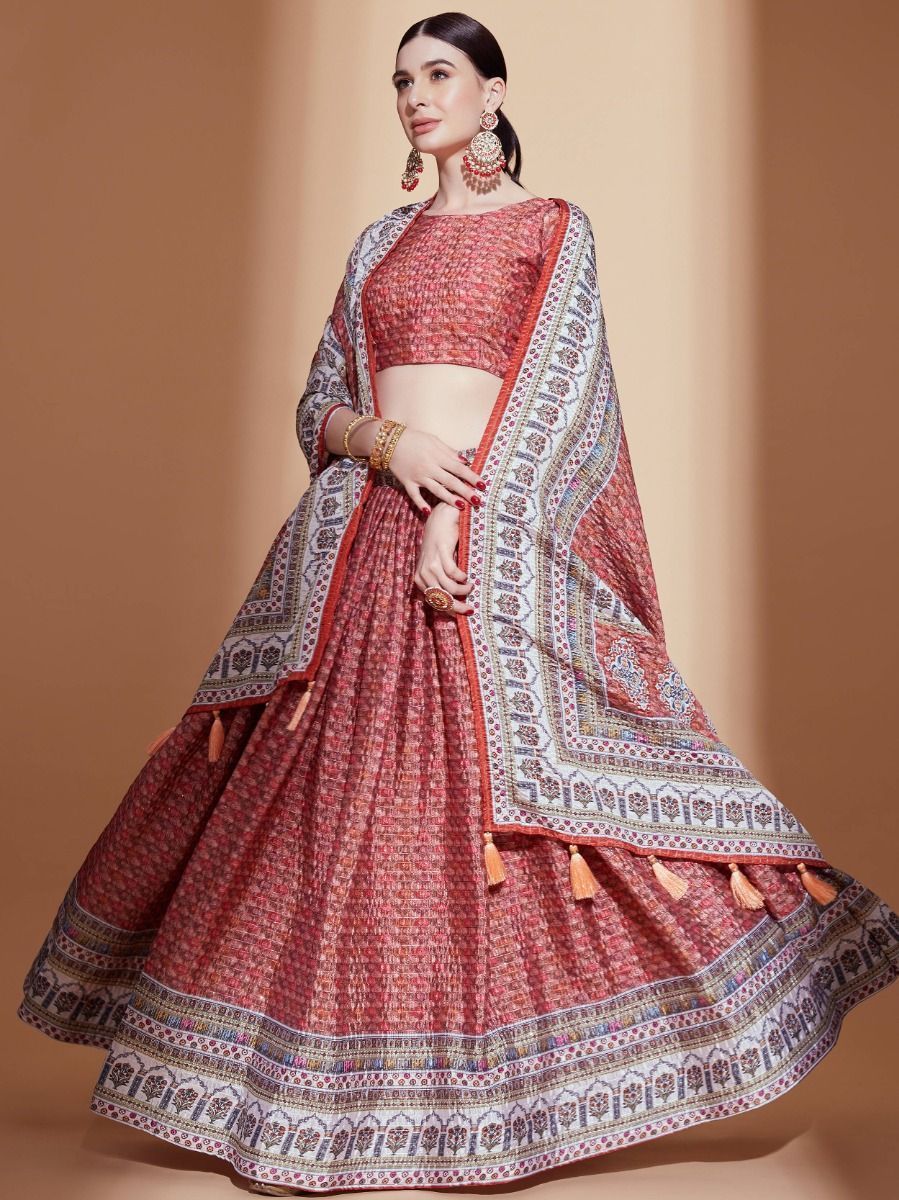 Navratri Wear Peach Silk Digital Printed Lehenga Choli