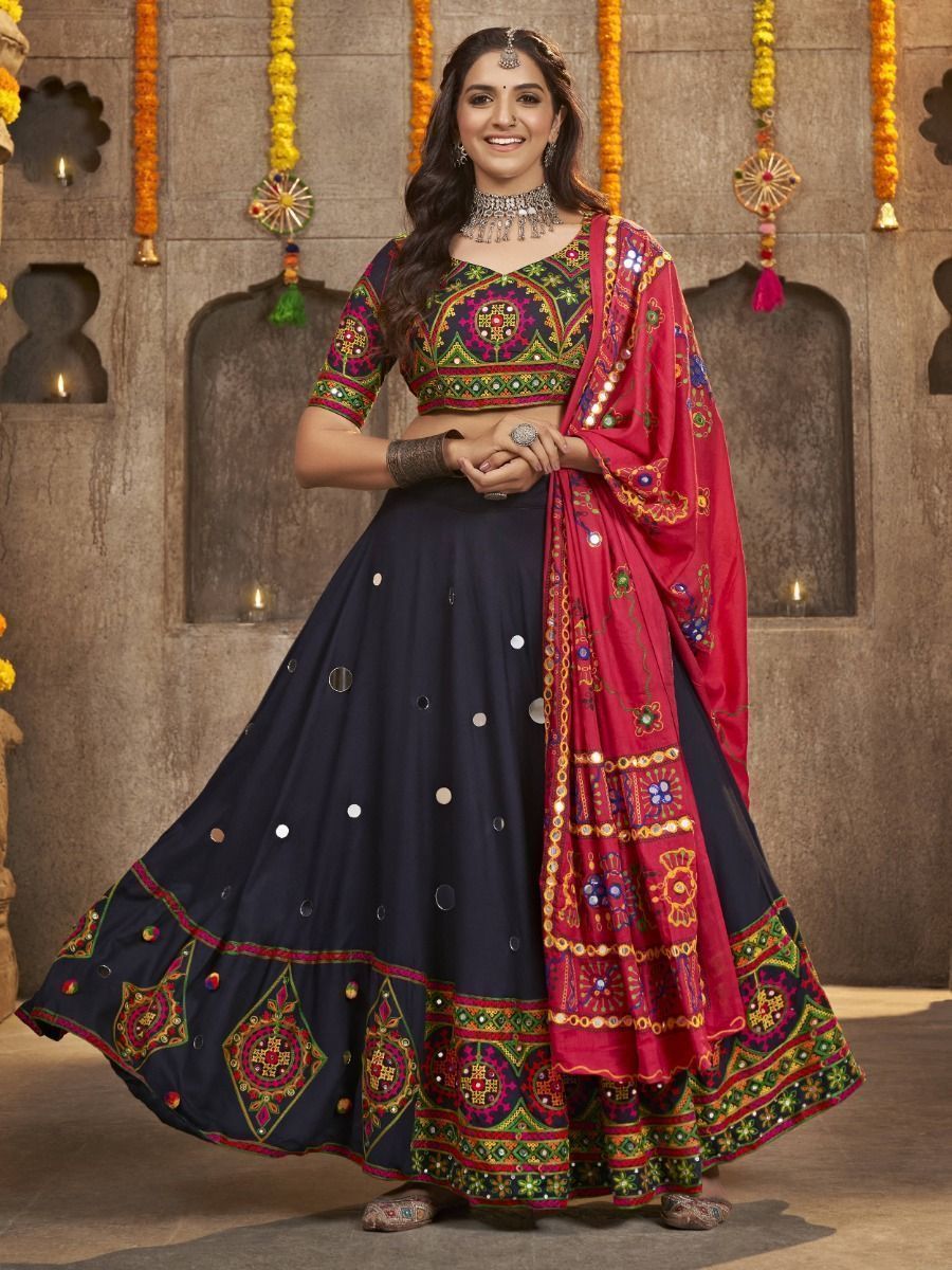 Dark Blue Navratri Special Mirror Worked Rayon Lehenga Choli