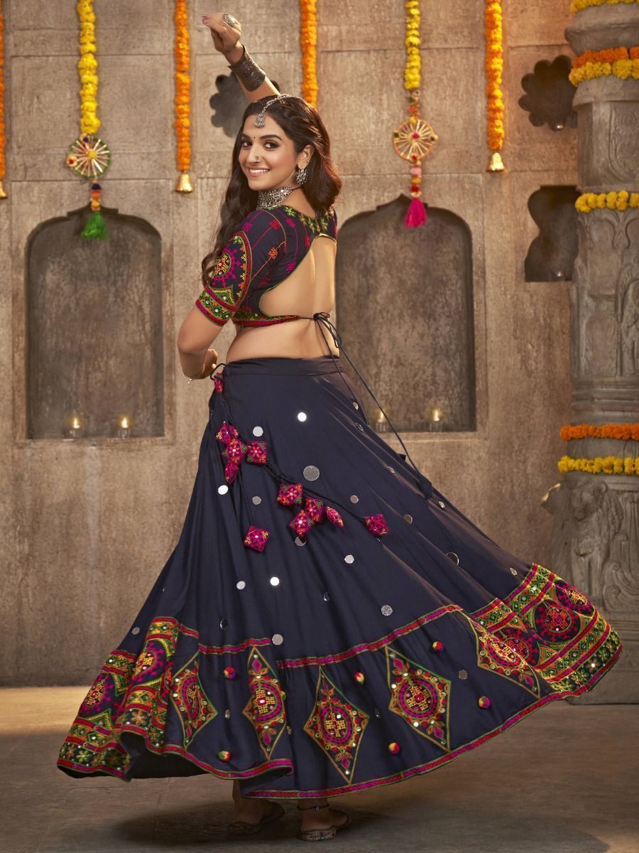 Dark Blue Navratri Special Mirror Worked Rayon Lehenga Choli