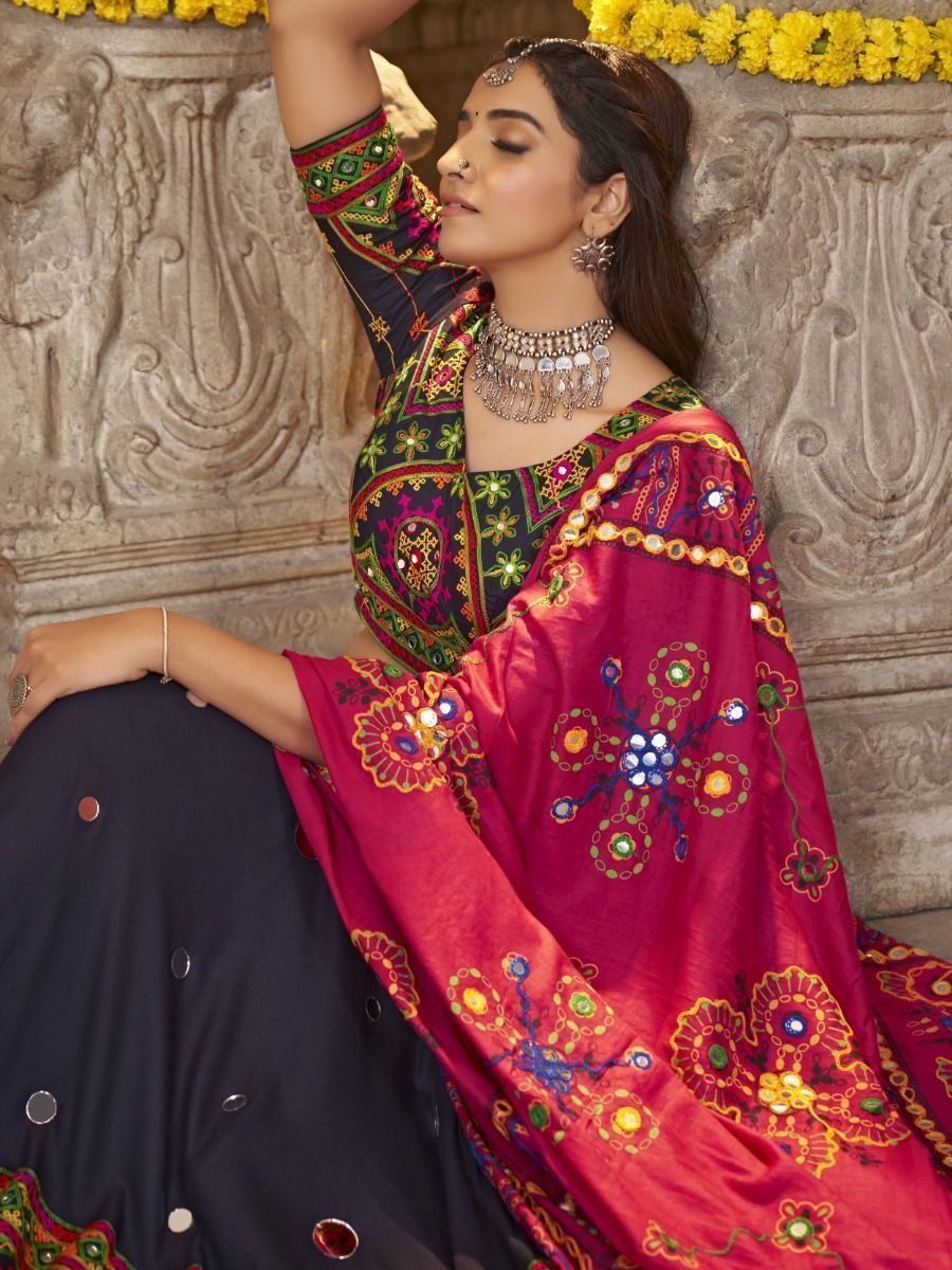 Dark Blue Navratri Special Mirror Worked Rayon Lehenga Choli