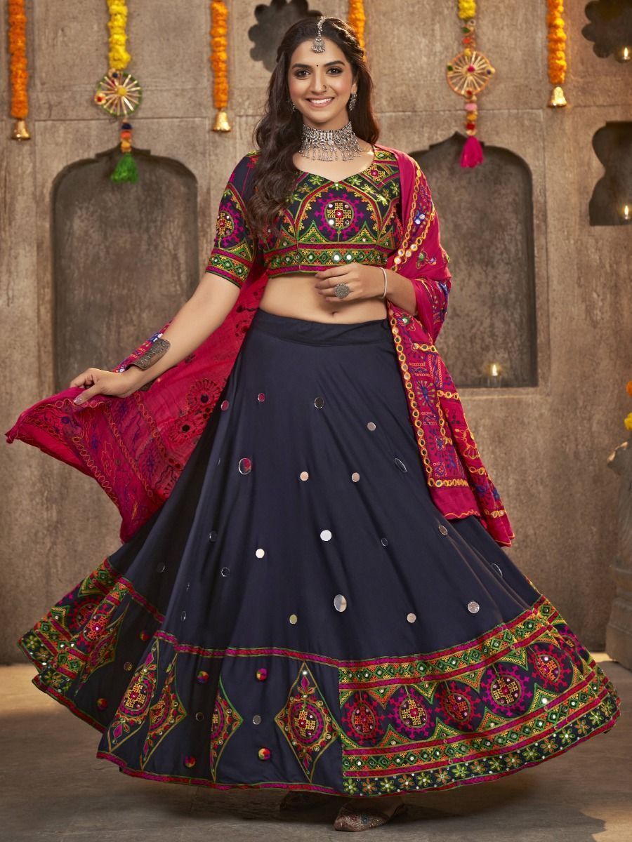 Dark Blue Navratri Special Mirror Worked Rayon Lehenga Choli