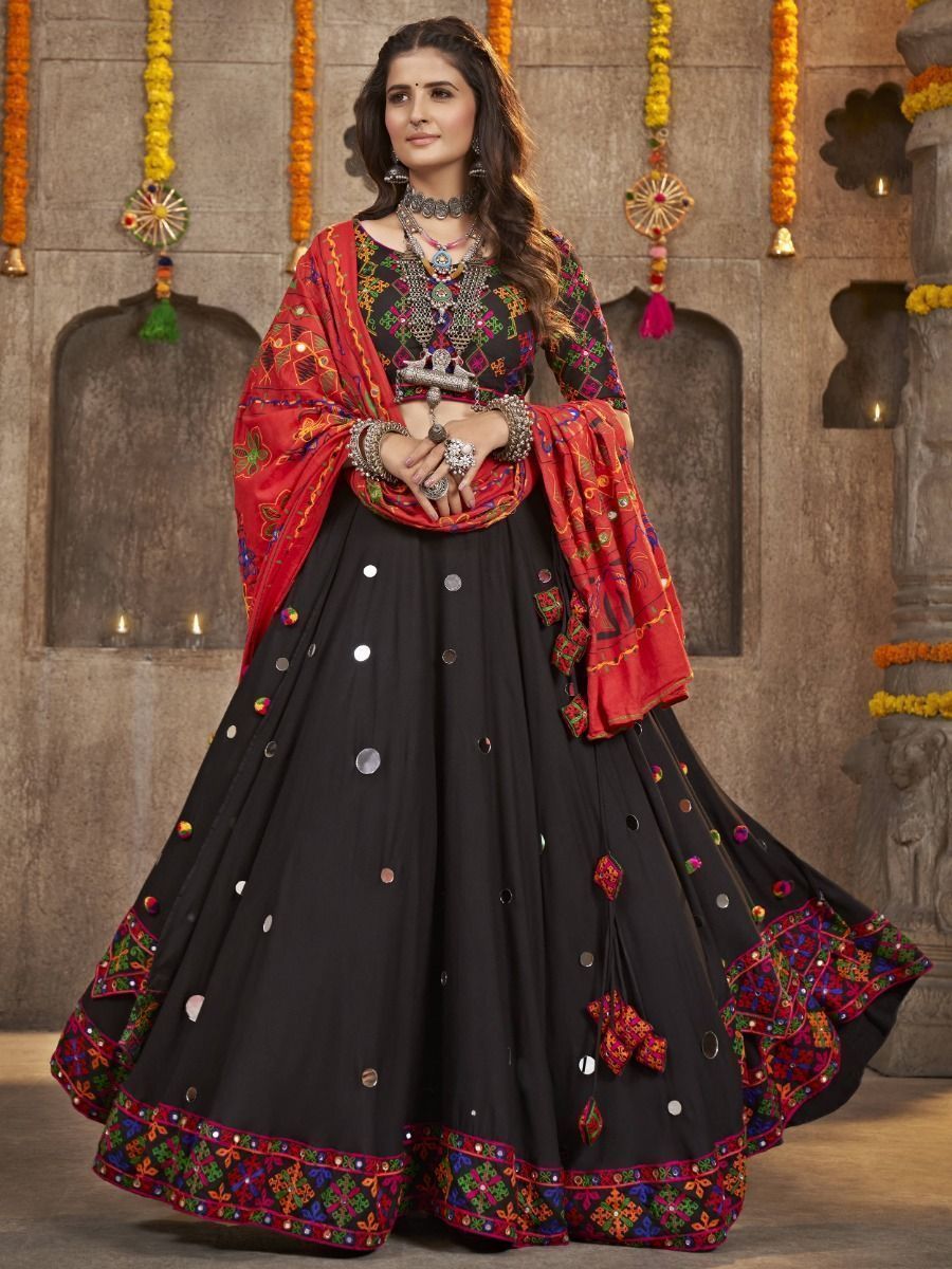 Black Navratri Special Mirror Worked Rayon Lehenga Choli