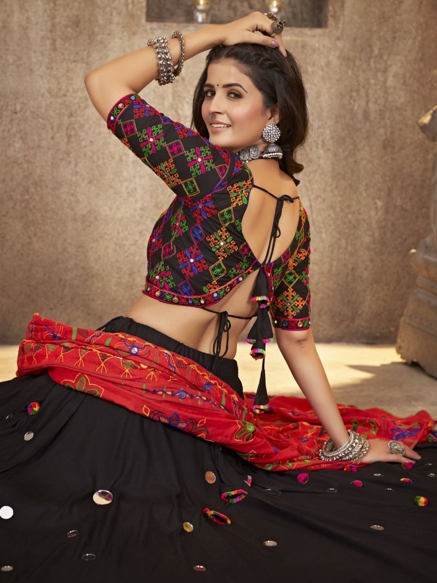 Black Navratri Special Mirror Worked Rayon Lehenga Choli