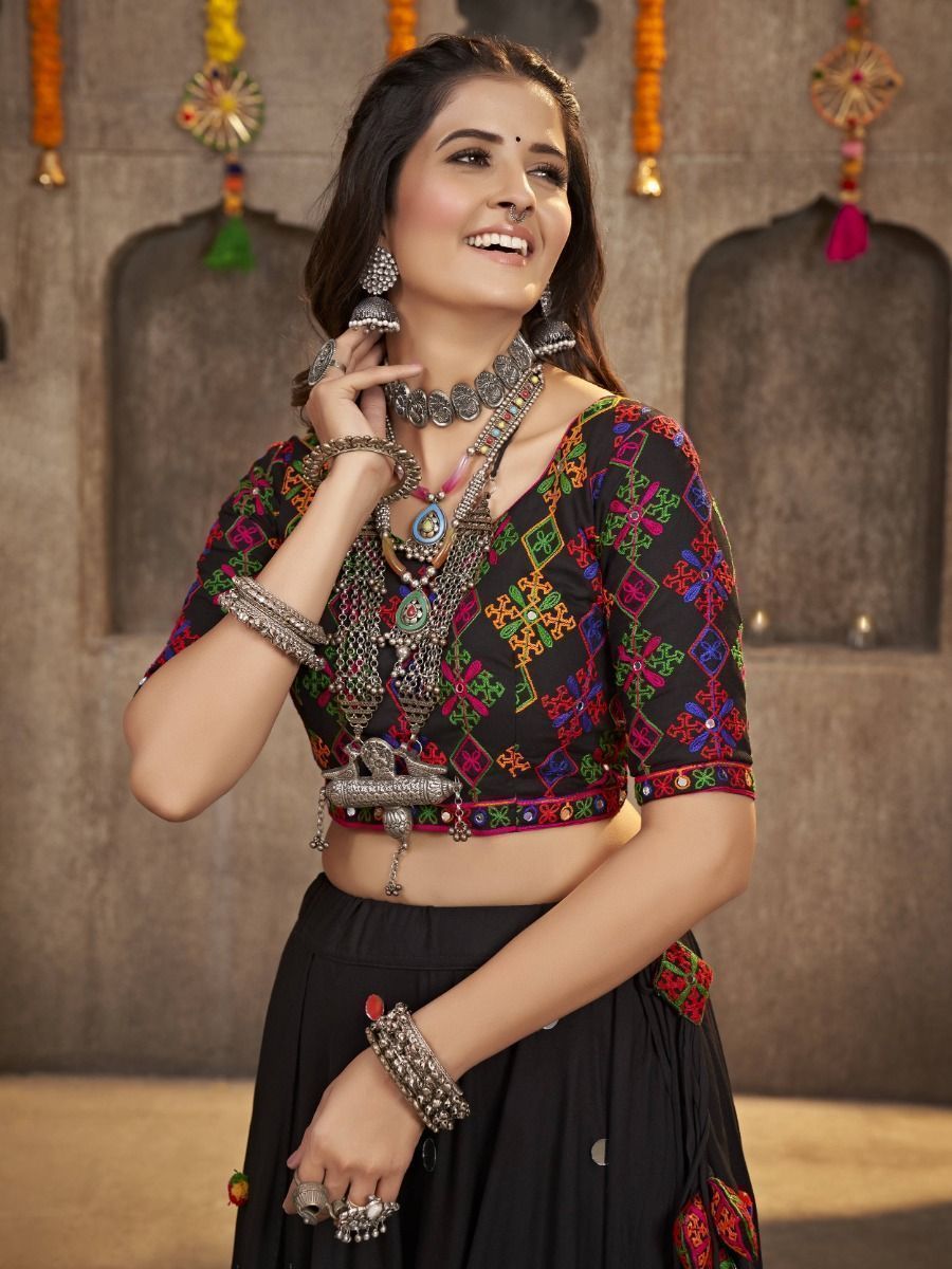 Black Navratri Special Mirror Worked Rayon Lehenga Choli