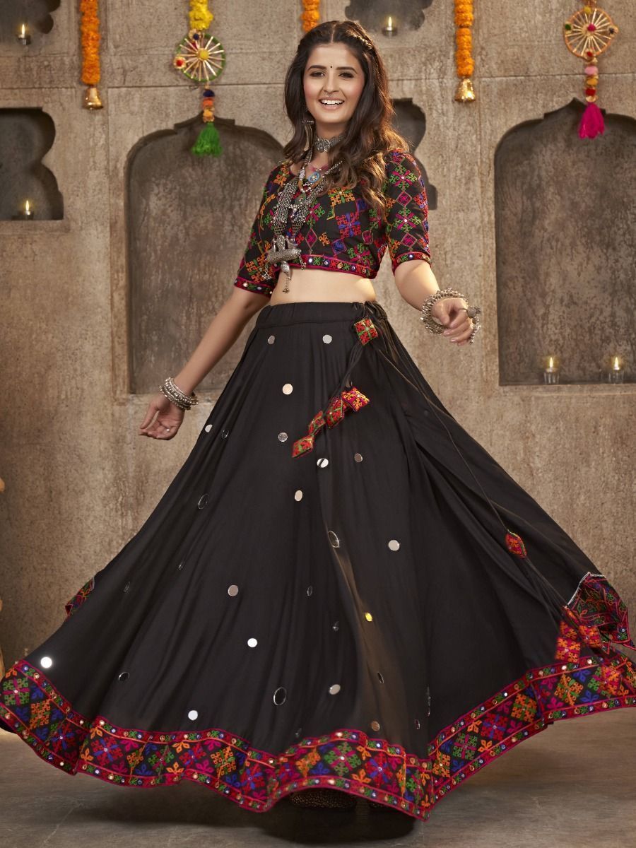 Black Navratri Special Mirror Worked Rayon Lehenga Choli