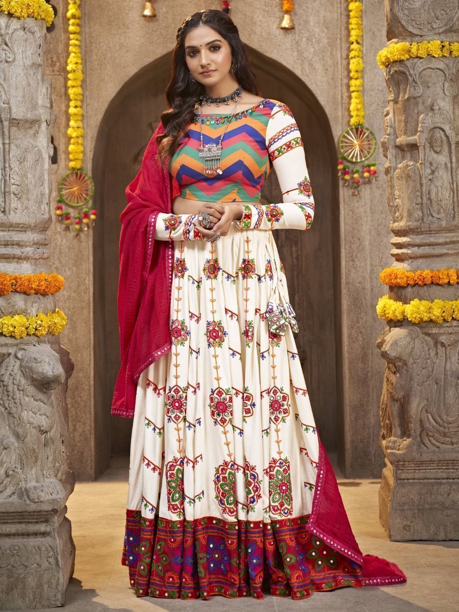 Pear White Navratri Special Mirror Worked Rayon Lehenga Choli