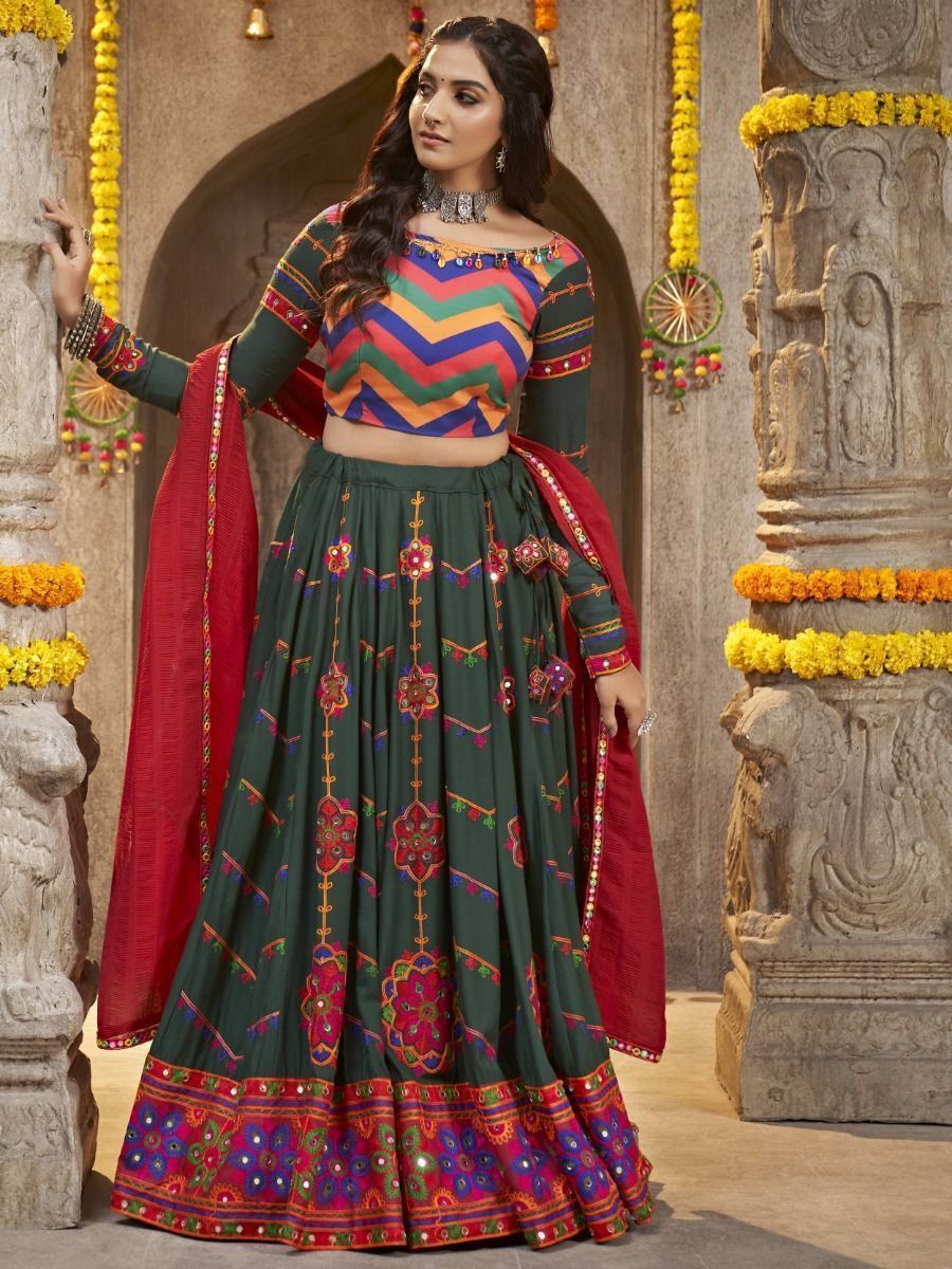 Bottle Green Navratri Special Mirror Worked Rayon Lehenga Choli