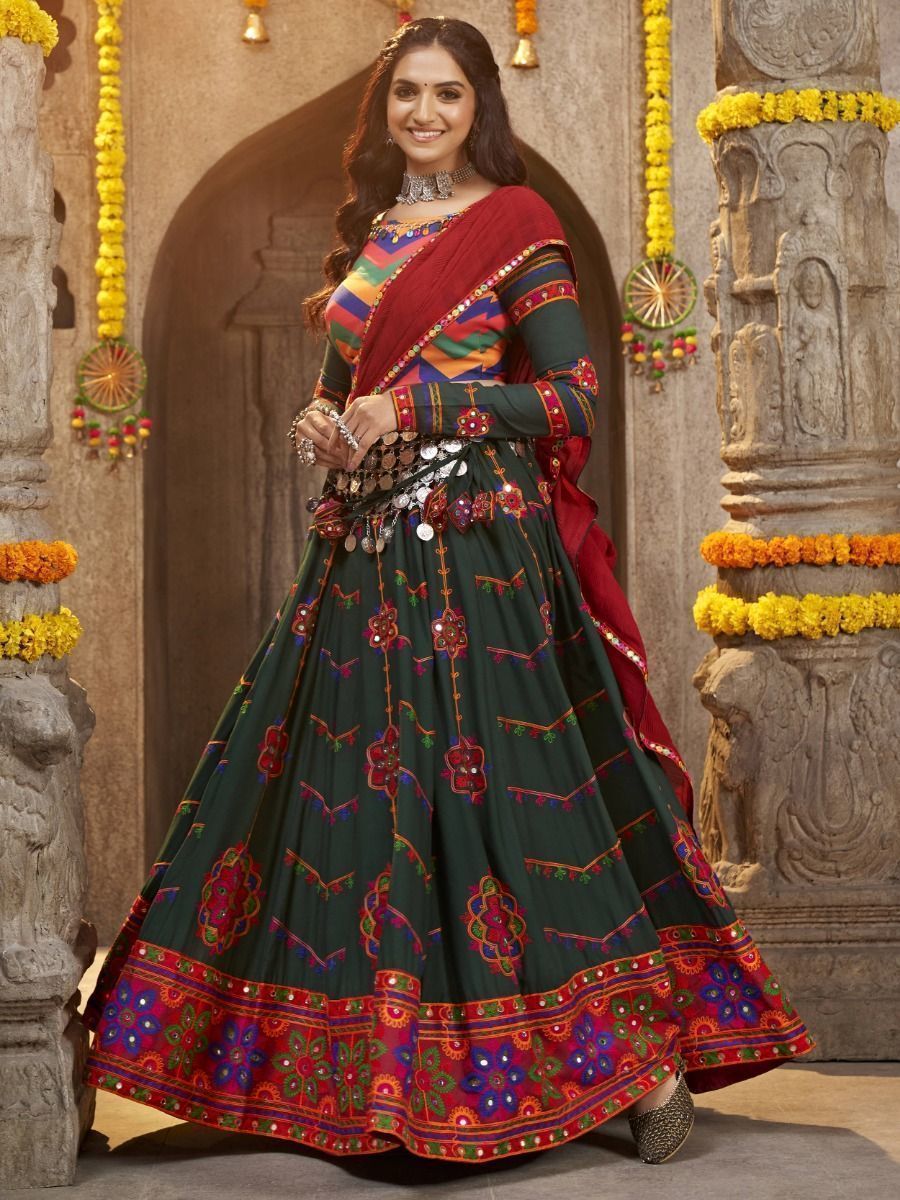 Bottle Green Navratri Special Mirror Worked Rayon Lehenga Choli