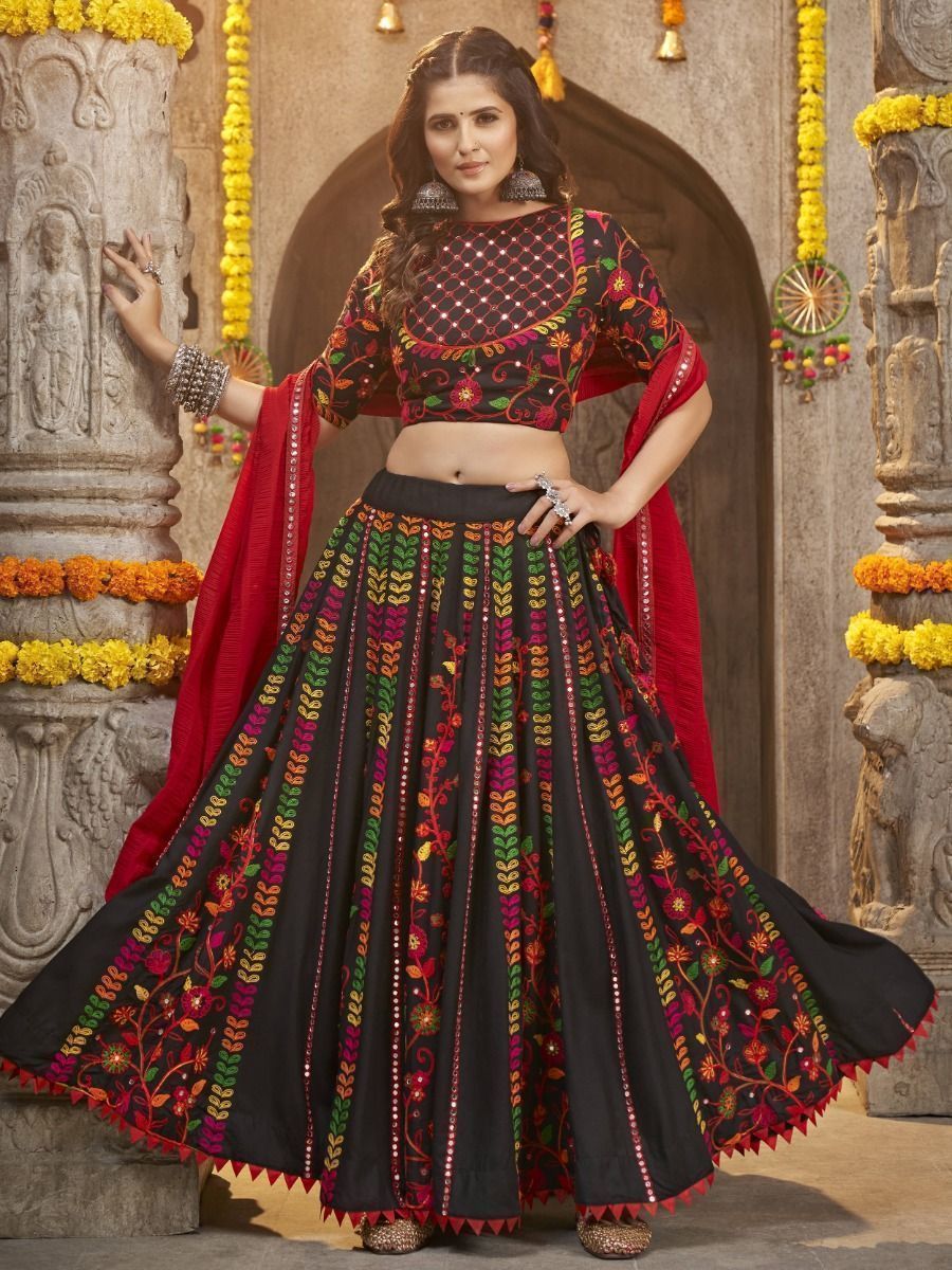 Kohl Black Navratri Special Mirror Worked Rayon Lehenga Choli