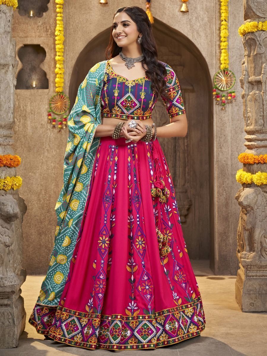 Rani Pink Navratri Special Mirror Worked Rayon Lehenga Choli