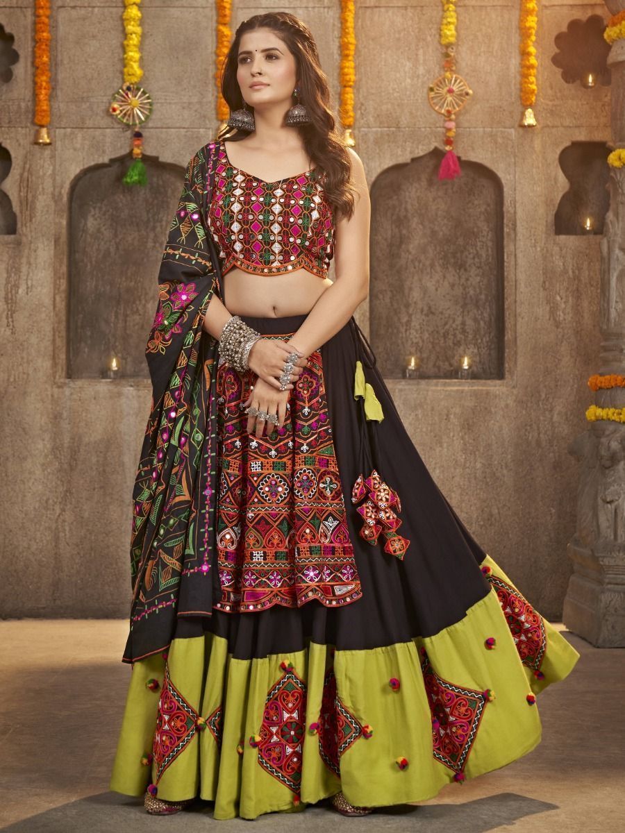 Deep Black Navratri Special Mirror Worked Rayon Lehenga Choli