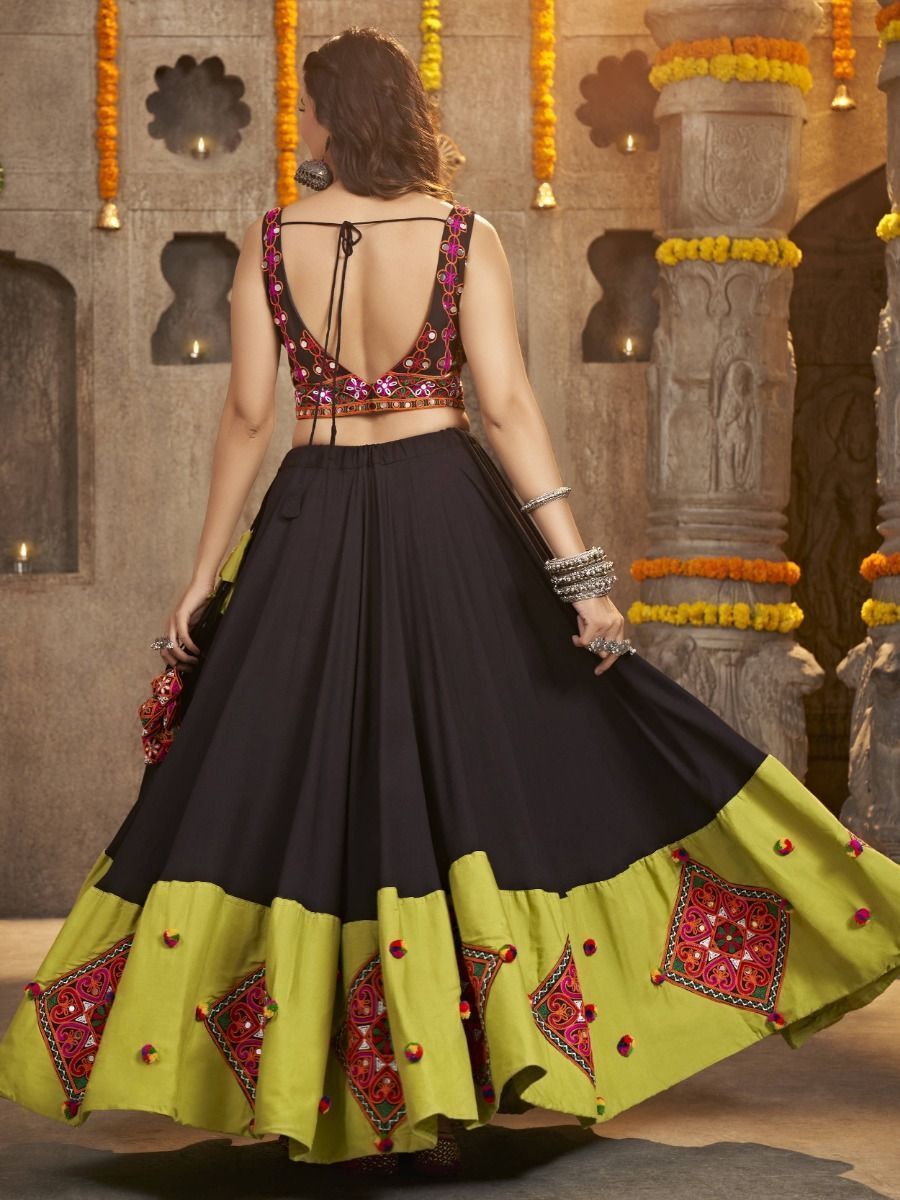 Deep Black Navratri Special Mirror Worked Rayon Lehenga Choli