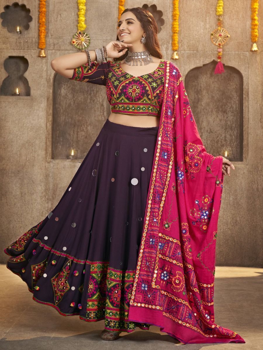 Dark Purple Navratri Special Mirror Worked Rayon Lehenga Choli