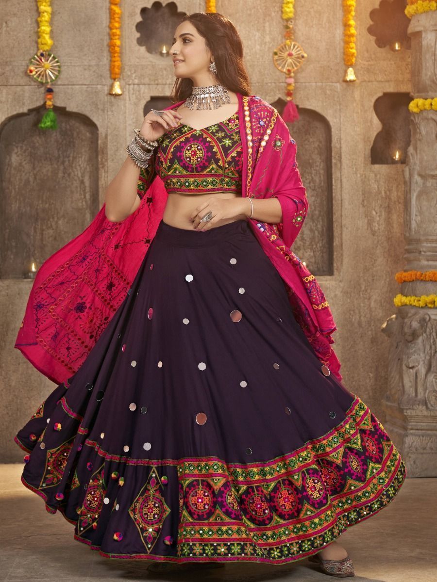 Dark Purple Navratri Special Mirror Worked Rayon Lehenga Choli