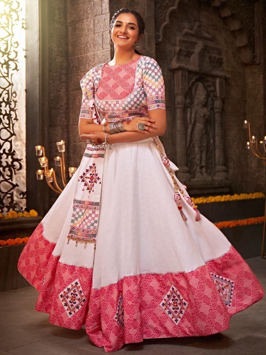 White Navratri Special Mirror Worked Rayon Lehenga Choli