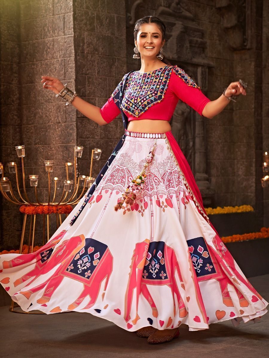 White & Multi Navratri Special Mirror Worked Rayon Lehenga Choli