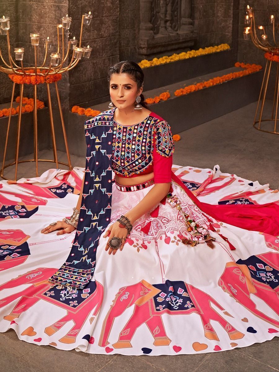 White & Multi Navratri Special Mirror Worked Rayon Lehenga Choli