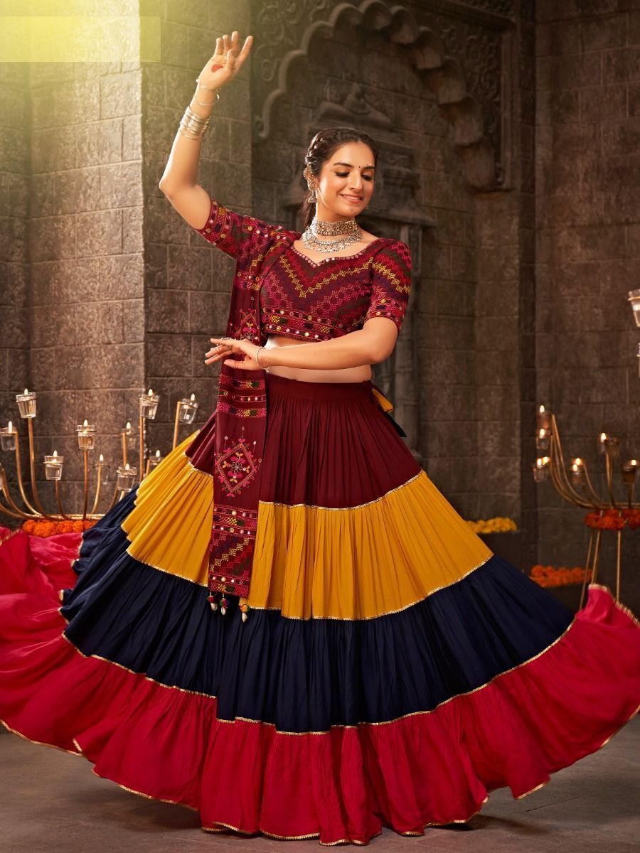 Multicolor Navratri Special Mirror Worked Rayon Lehenga Choli