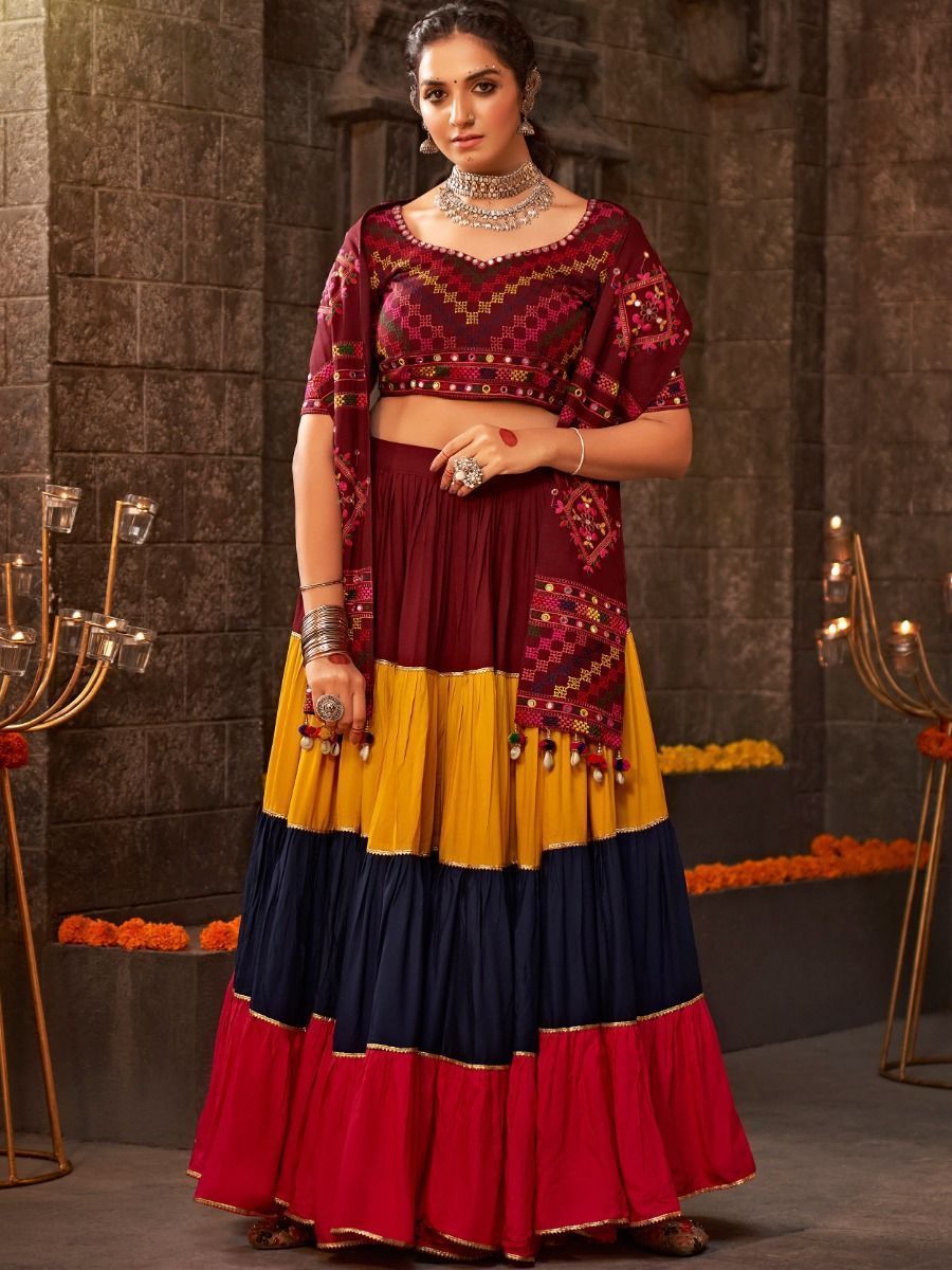 Multicolor Navratri Special Mirror Worked Rayon Lehenga Choli