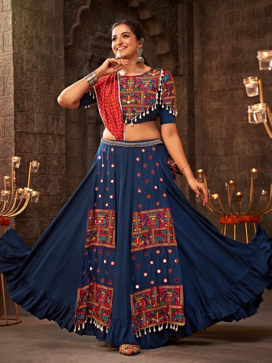 Blue Navratri Special Mirror Worked Rayon Lehenga Choli