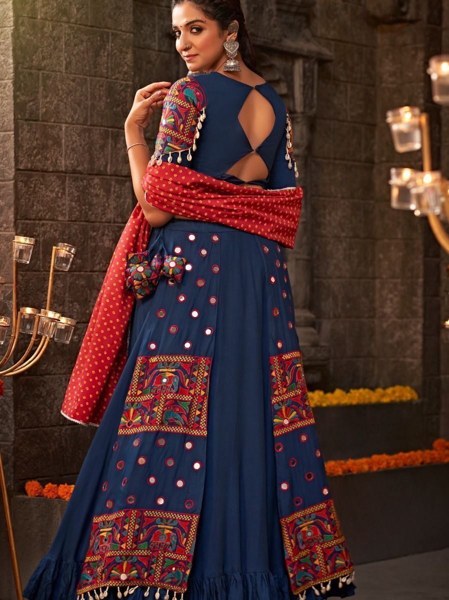 Blue Navratri Special Mirror Worked Rayon Lehenga Choli