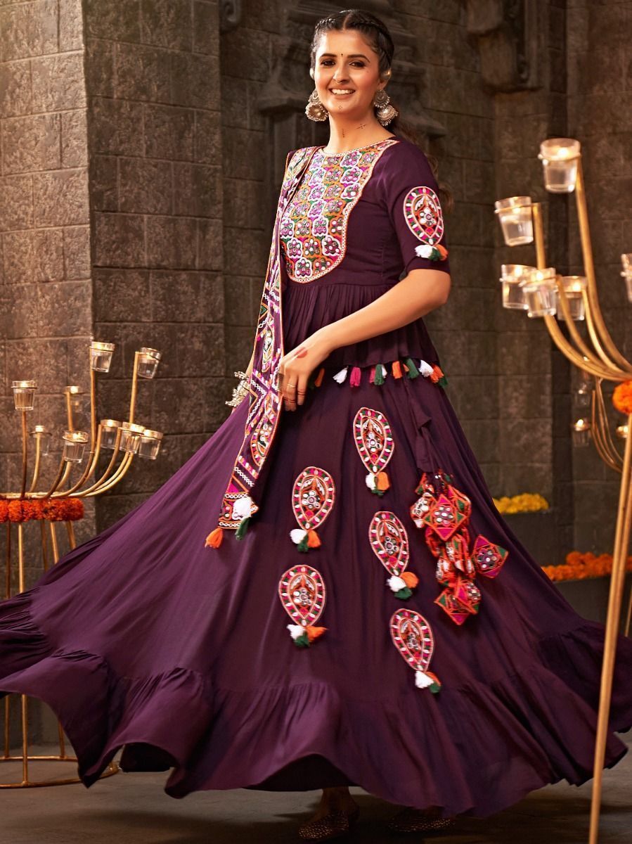 Purple Navratri Special Mirror Worked Rayon Lehenga Choli