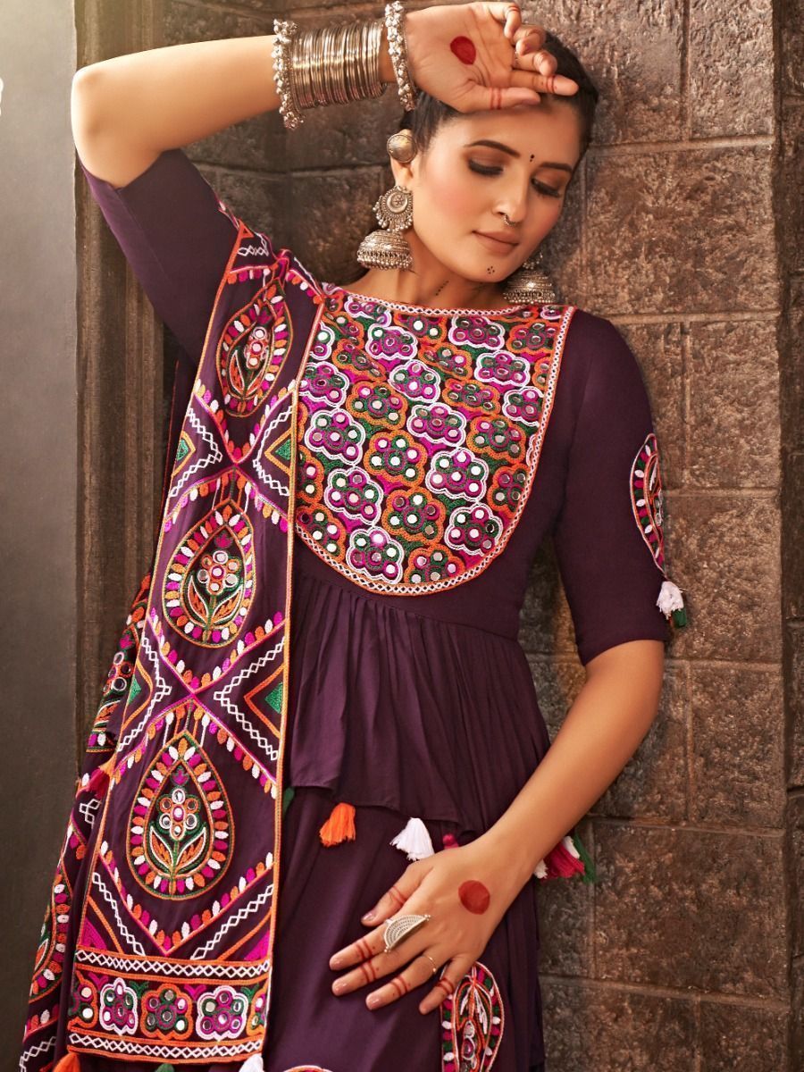 Purple Navratri Special Mirror Worked Rayon Lehenga Choli