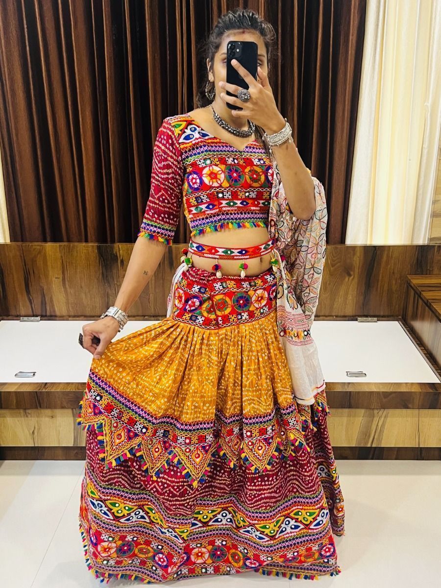 Multicolor Embroidered Cotton Navratri Wear Lehenga Choli