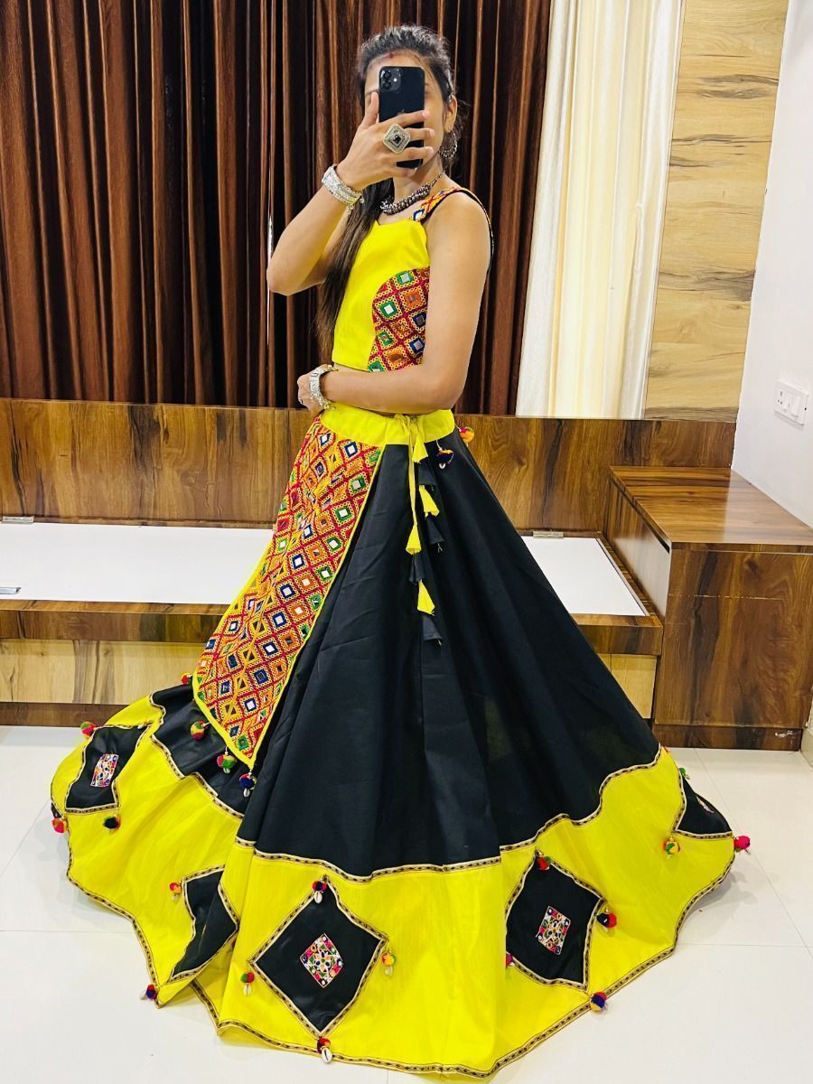 Black & Yellow Navratri Special Gamthi Work Cotton Lehenga Choli