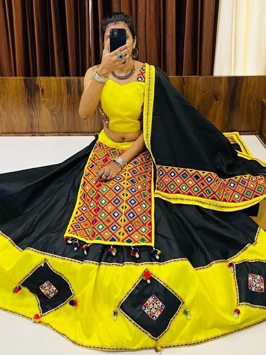 Black & Yellow Navratri Special Gamthi Work Cotton Lehenga Choli