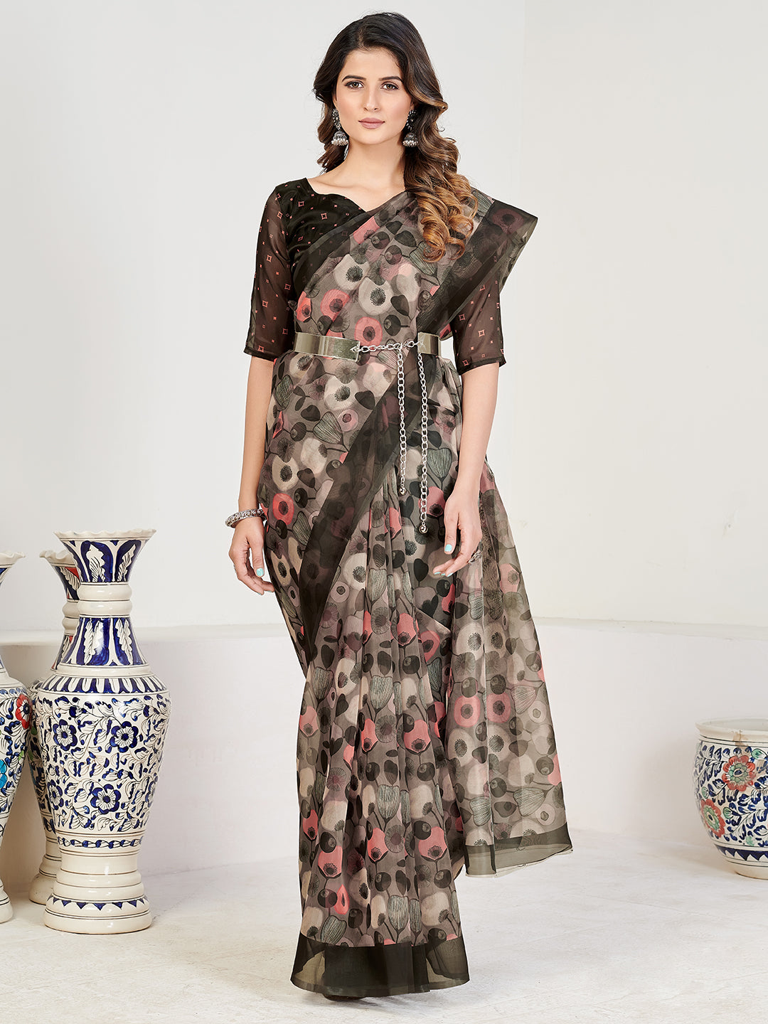 Black & Multi Georgette Printed Saree With Blouse