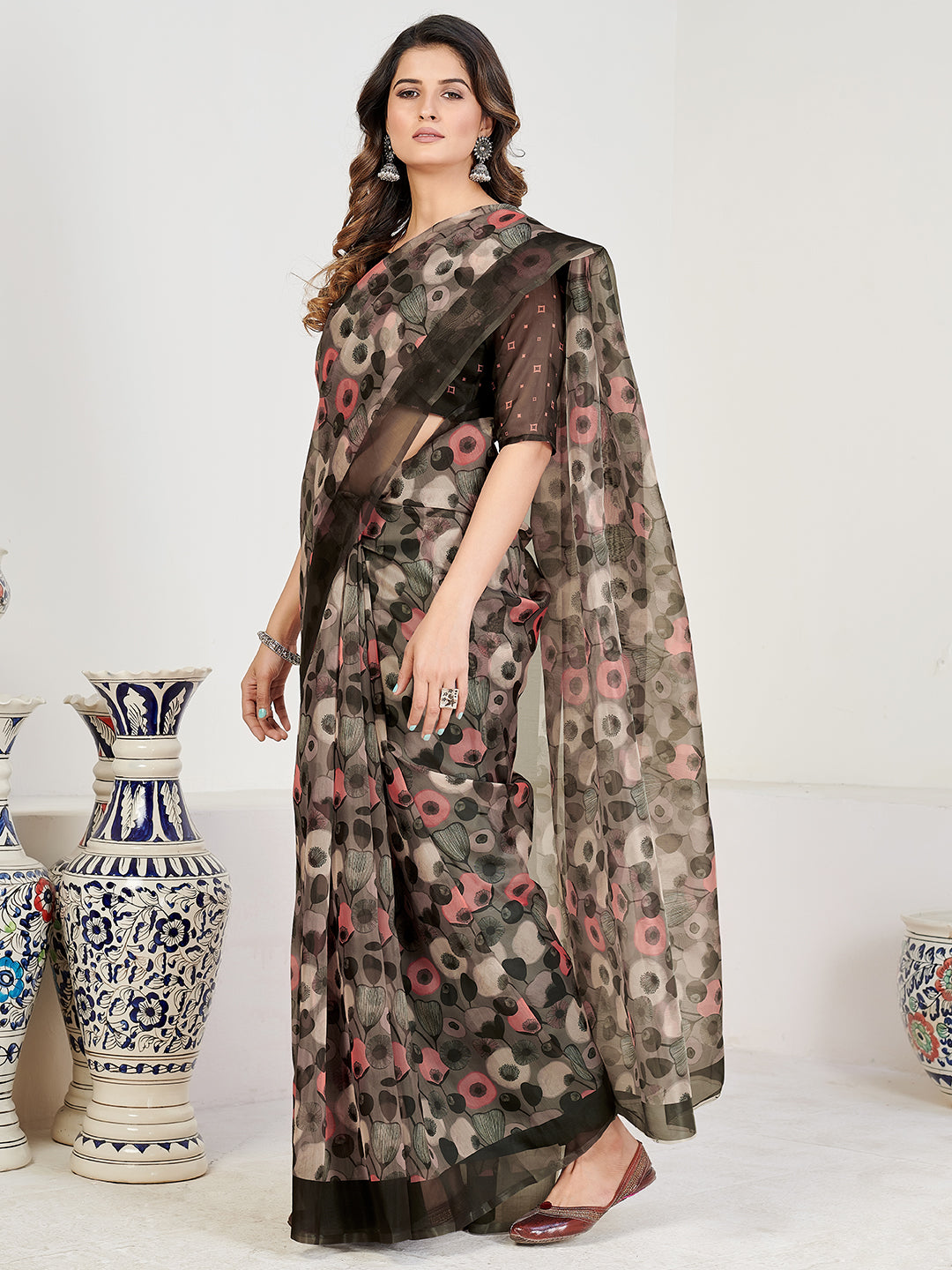 Black & Multi Georgette Printed Saree With Blouse