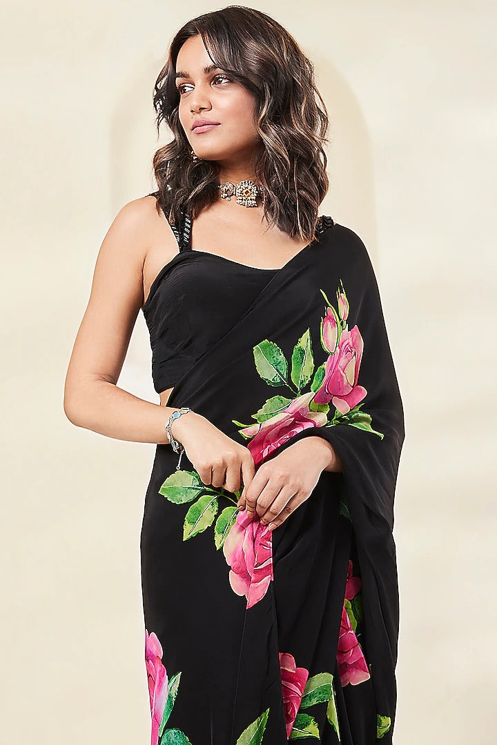 Black Floral Print Saree