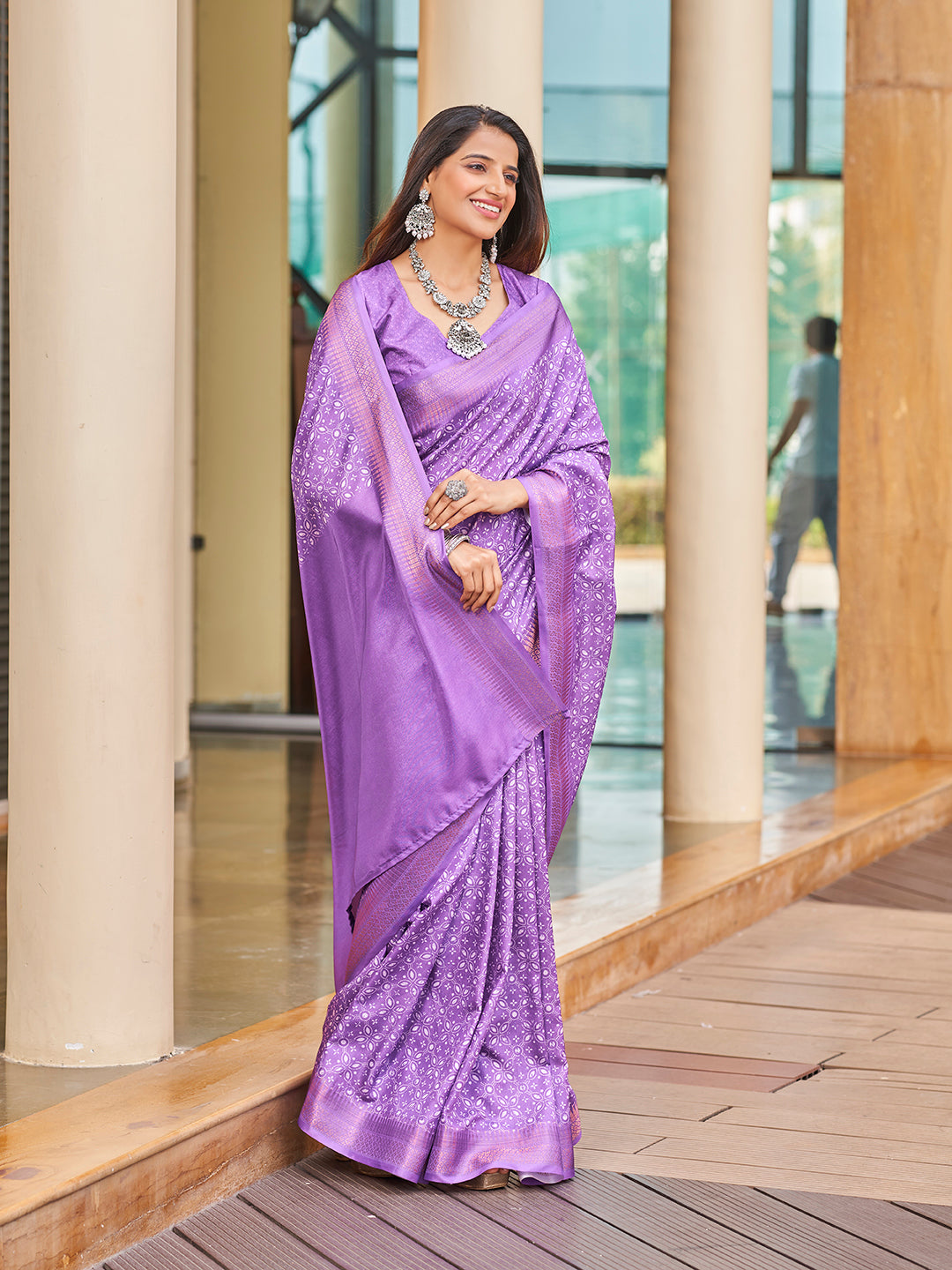 Purple Printed Zari Cotton Silk Saree