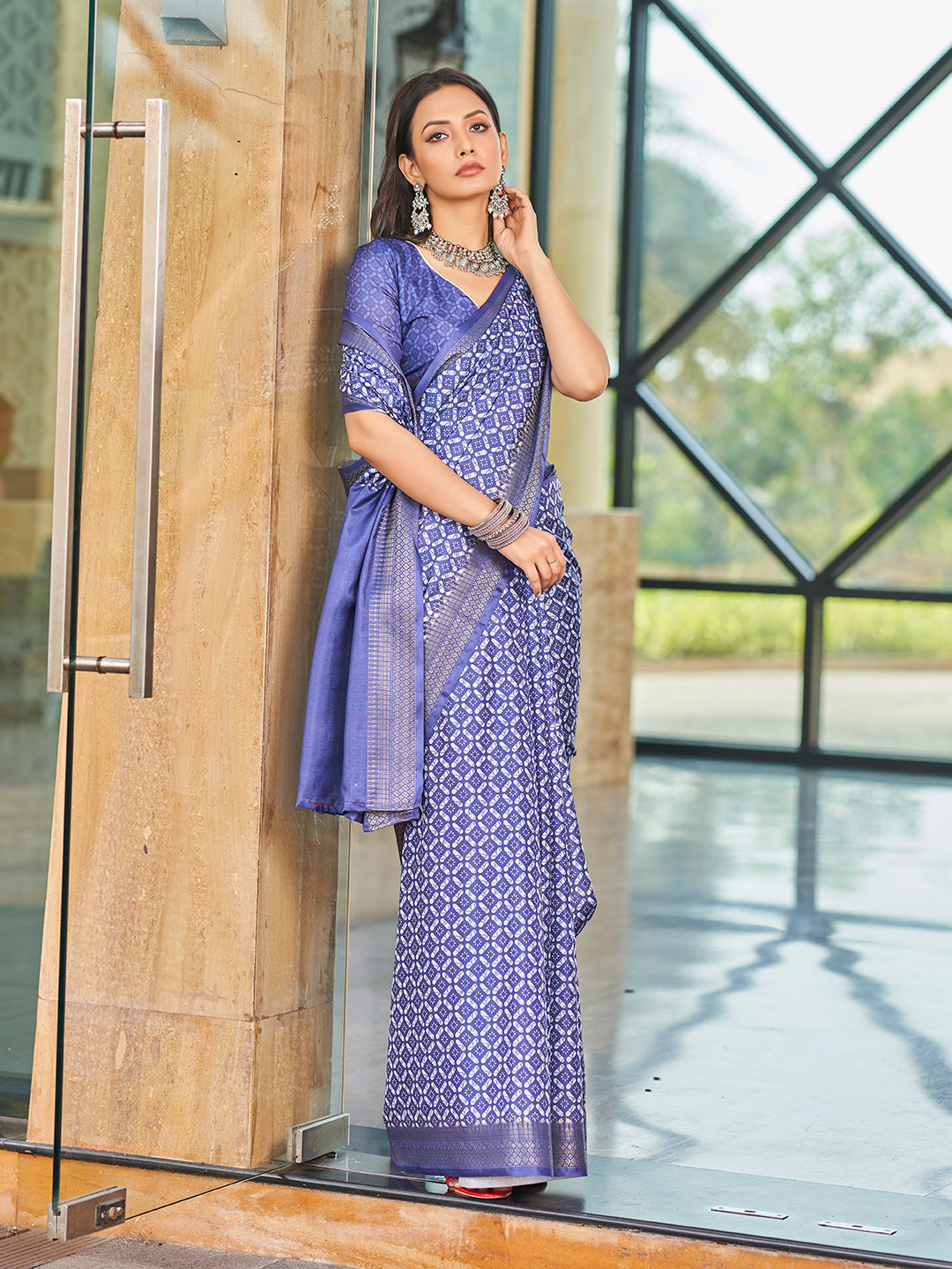 Designer Blue Printed Zari Cotton Silk Saree