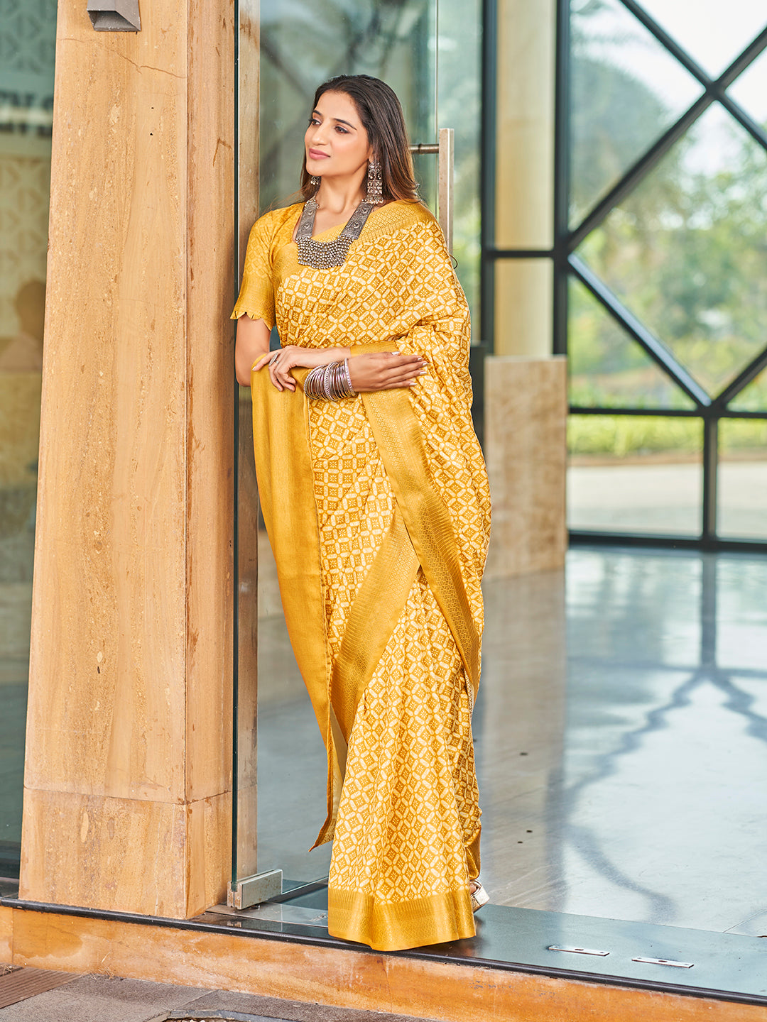 Designer Yellow Printed Zari Cotton Silk Saree