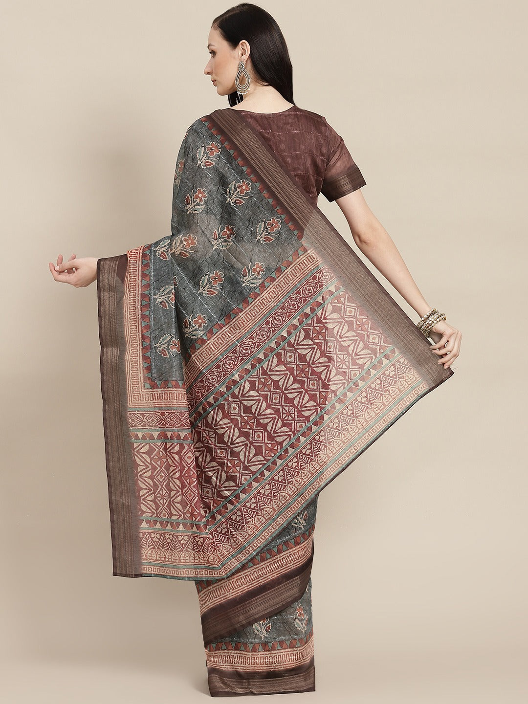 Grey & Brown Floral Print Cotton Blend Saree