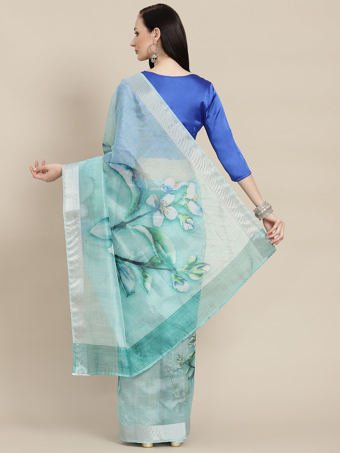 Green & Blue Floral Print Saree