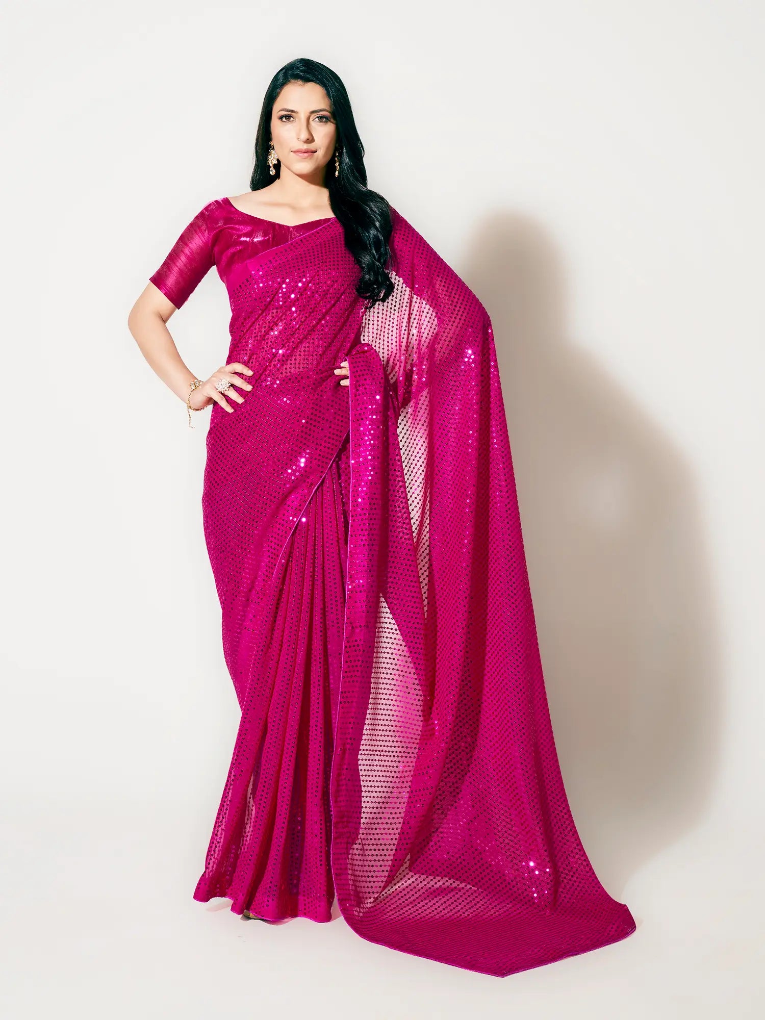 Rani Pink Fully Sequined Georgette Party Wear Saree